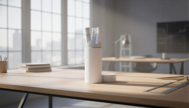 Architectural tube with blueprints on a sunlit drafting table