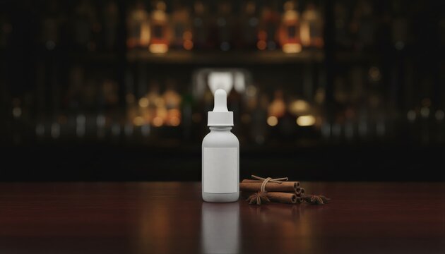 Aromatic cocktail bitters bottle with white label on mahogany bar