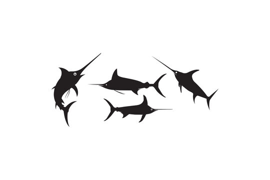 Marlin fish silhouette vector set, black swordfish icons on white background, jumping sailfish collection for fishing logo design