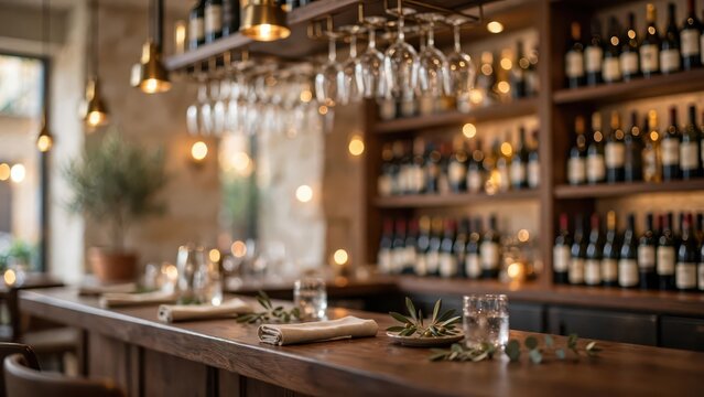 Elegant wine bar interior with wooden counter and hanging glassware in a cozy atmosphere.