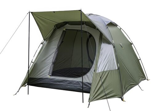 Green dome style camping tent pitched outdoors with mesh windows and rainfly