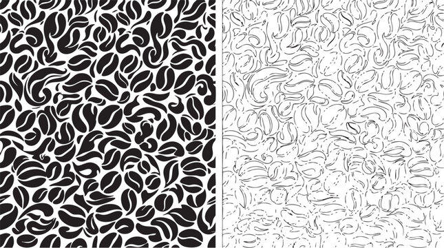 coffee beans in black vector silhouette with line art pair icon