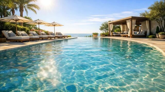 This captures a serene scene of a large pool surrounded by sun loungers and palm trees, overlooking the ocean. It's perfect for summer relaxation or a high-end hotel advertisement.