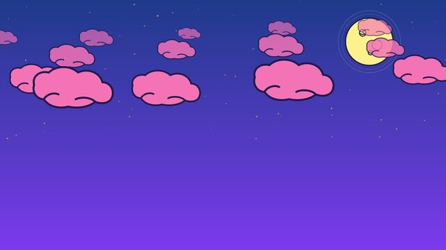 Bright yellow moon and soft pink clouds drift across a vibrant purple night sky in this whimsical digital animation video