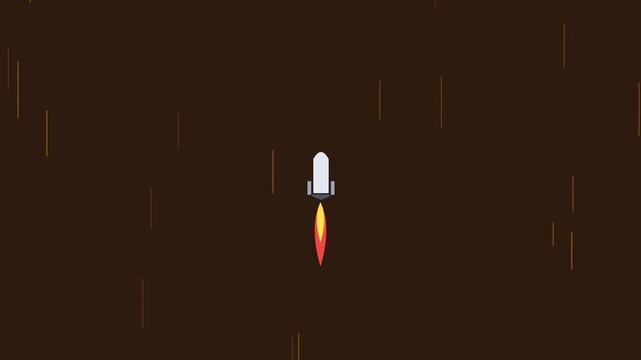 White space rocket accelerates through dark atmosphere with fiery exhaust flames in this smooth digital motion animation video clip