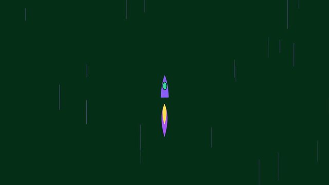 Minimalist rocket ship animation launches into deep space, displaying vibrant vector colors and smooth motion graphics in this digital video clip.