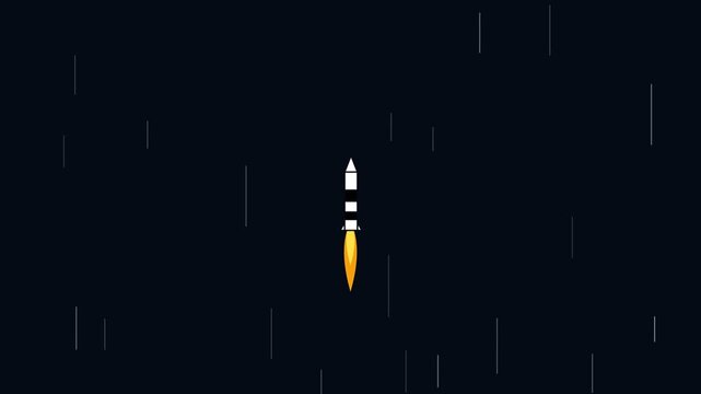 White rocket ship with bright fire exhaust travels upward through deep dark space in this smooth minimalist digital motion video