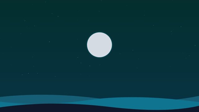 Full moon glows brightly over tranquil ocean waves in this minimalist digital animation video featuring a serene dark night sky