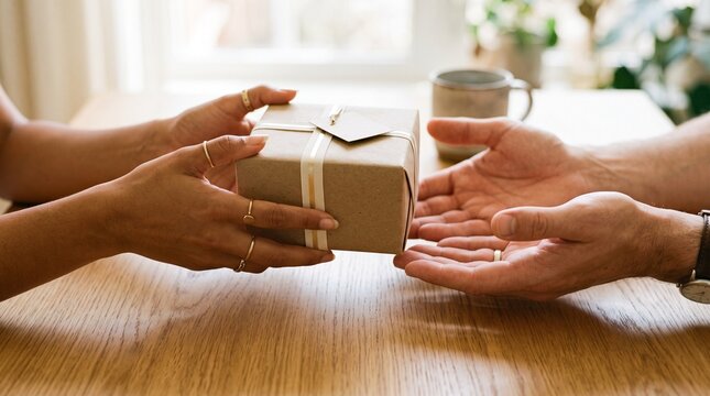Man's hands carefully tying a luxurious green velvet ribbon on a sophisticated red gift box, symbolizing generosity and thoughtful giving end of year vacation