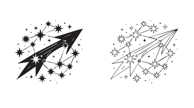 black vector silhouette with line art pair icon of stars and constellations