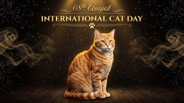 Orange tabby cat sitting on dark textured background for international cat day