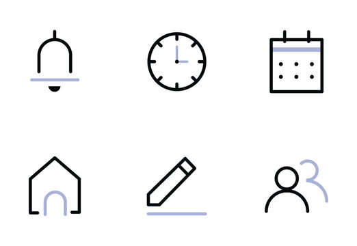 Address, home icon. Notification bell icon. Stopwatch timer icon. date Calendar icon