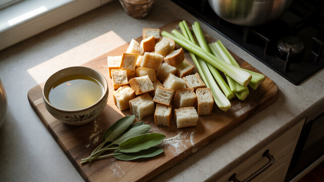 Rustic kitchen counter with stuffing ingredients and raw chicken stock