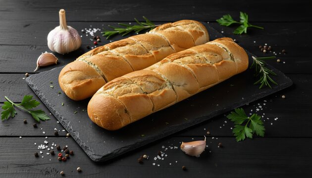 Artisanal garlic bread in moody restaurant setting