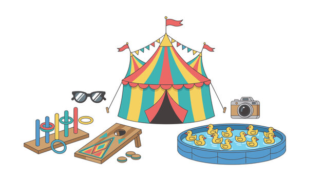Circus tent centerpiece surrounded by ring toss, duck pond game, vintage camera, and sunglasses for fairground theme design.