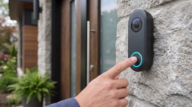 Person using a wireless smart home doorbell system installed on a rustic stone wall.