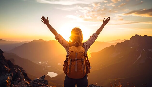 Woman hiker with arms raised in triumph on mountain peak at sunset.