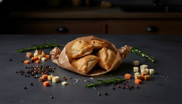 Artisanal savory pastries on dark slate with dramatic lighting
