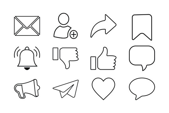 Collection of twelve minimalist social media line icons including thumbs up, chat bubbles, heart, and notification bell for modern web design.