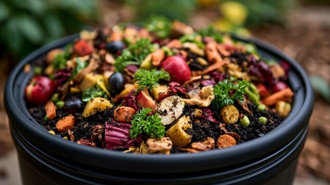 A vibrant compost bin overflowing with organic waste, showcasing sustainable gardening and eco-friendly decomposition practices