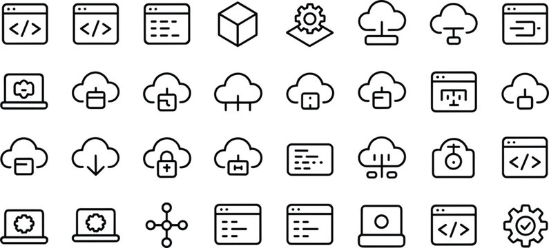 Cloud server integration and programming web browser interface line icons collection for backend application database deployment vector