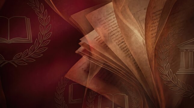 International Literacy Day 2026 abstract background design Stack of old parchment paper with classical laurel wreath background