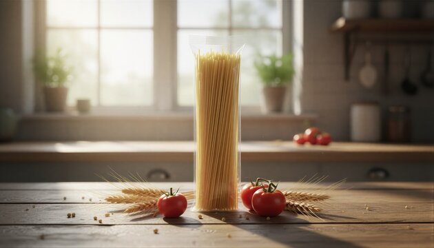 Authentic spaghetti in clear packaging on a rustic kitchen table