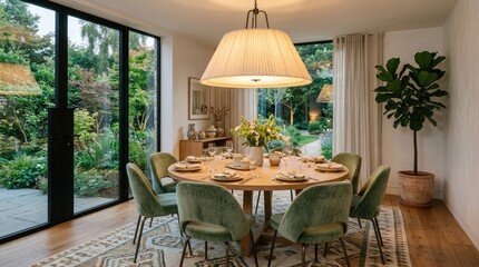 Fototapeta premium Luxury dining room overlooking lush garden through glass.