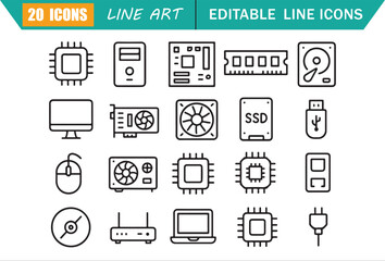 Fototapeta premium Isolated computer hardware icons set, 20 editable line art icons set, processor, motherboard, memory, storage, electronics, device, computer components theme style, clean outline vector