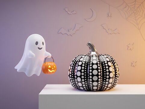 Whimsical Halloween setting with floating friendly ghost holding lantern and black patterned pumpkin on pedestal pack set collection