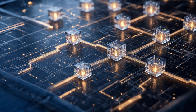 Glowing digital data network cubes on printed circuit board with technology electronic processor computing hardware innovation connection communication information motherboard