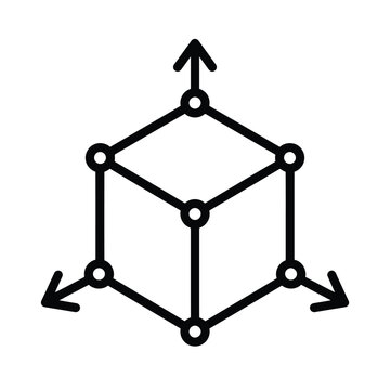 3D cube icon with directional arrows. Geometric wireframe shape for spatial analysis.