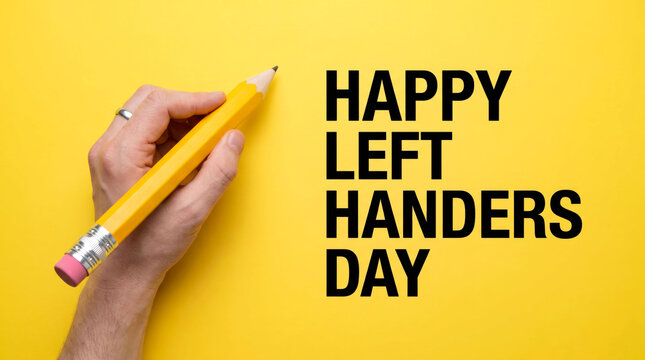 Left handed person holding pencil with happy left handers day message