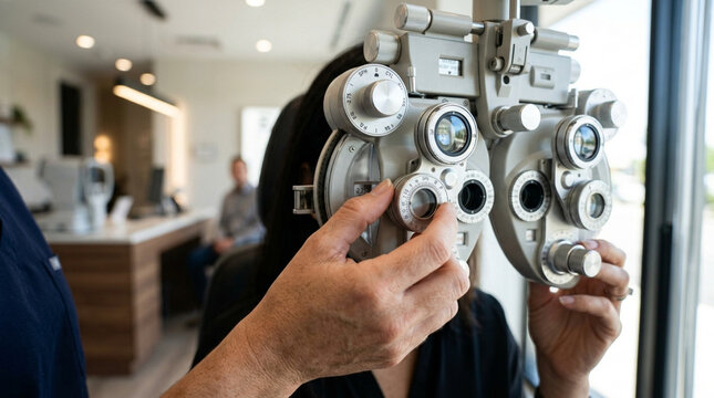 Eye Doctor Examines Patient Using Phoropter in Modern Clinic