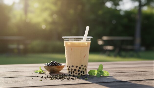 Classic milk tea with tapioca pearls on a sunlit wooden cafe table
