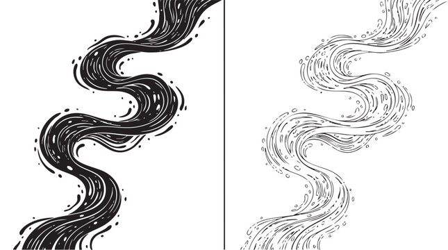 black vector silhouette with line art pair icon of flowing data stream with particles