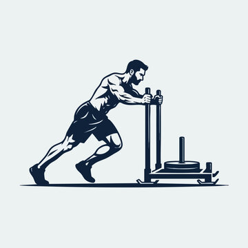 Vector illustration of a powerful man doing a gym sled push for explosive strength with training muscular bodybuilder bodybuilding lifestyle silhouette illustration physical isolated strength