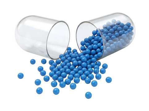 Open medical pill capsule filled with small blue round medicine beads isolated on transparent background