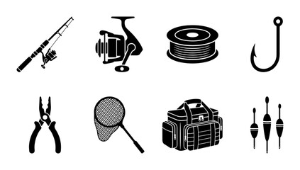 Fishing Gear Icons: Rod, Reel, Tackle Box, Net, Floats, Hook, Pliers, Line Spool © Suma