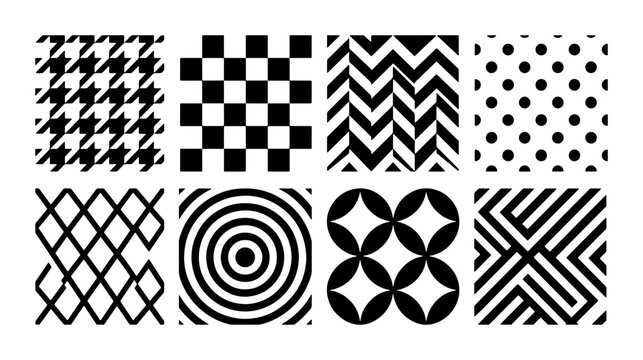 Monochrome Geometric Patterns Set, 8 Abstract Vector Textures, Black and White Graphic Design Elements