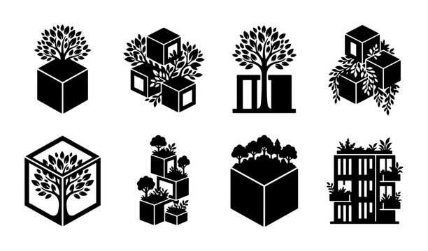 Urban Greenery Icons: Eco-Friendly Cityscape Elements, Sustainable Architecture Concepts, Nature Integration Graphics
