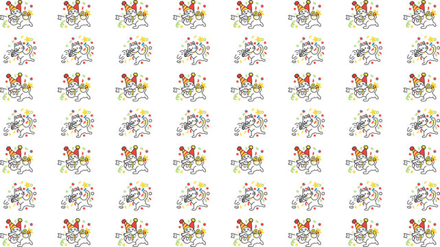 Cute festive cartoon cat pattern character set throwing colorful confetti celebrating birthday anniversary party event background