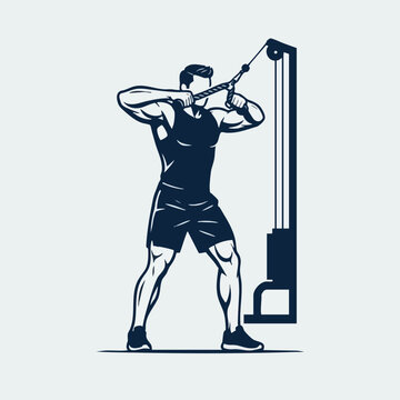 Muscular athlete performing cable rope tricep pushdown in gym setting with pushdown exercise training weightlifting bodybuilding muscular strength equipment illustration silhouette physical