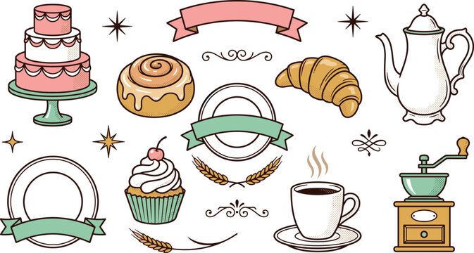 Bakery and Cafe Logo Badge Vector Set Featuring Tiered Cake, Croissant, Cinnamon Roll, Cupcake, Teapot, Coffee Cup, Grinder, and Blank Ribbon Labels