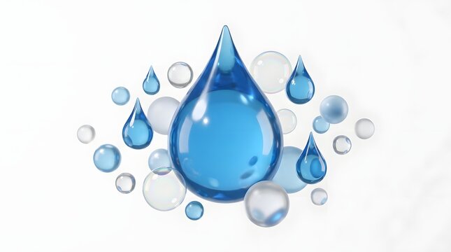 Water drop surrounded by many small liquid droplets and clear bubbles floating in the air for a refreshing and clean nature design concept
