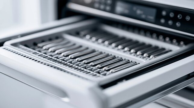 Close-up view of a professional convection oven interior, showcasing stainless steel racks and heating elements for baking and roasting