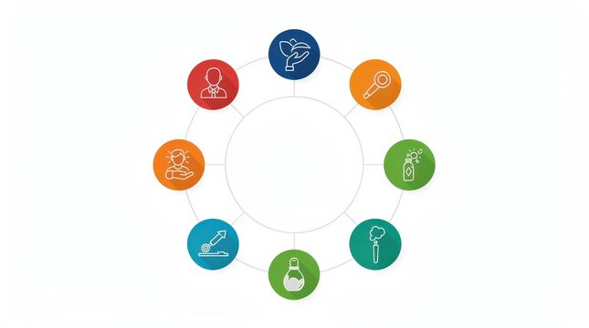 Circular infographic with seven colorful icons representing various professions or roles connected by lines on a white background.
