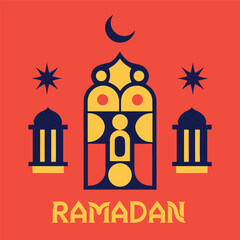 Fototapeta premium Ramadan elements including mosque arch, mosque minarets, crescent moon, Islamic geometric pattern, Arabic calligraphy, clouds, stars, and decorative icon