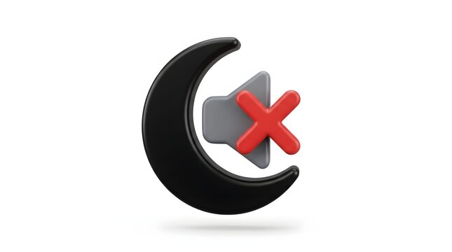 3d render of a mute sound icon with a black moon shape and a grey speaker symbol crossed out with a red x mark for silence or quiet mode settings