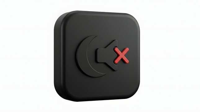 Black 3d icon of a mute speaker with a crescent moon symbol representing silent sleep mode or do not disturb notification setting for mobile phone interface